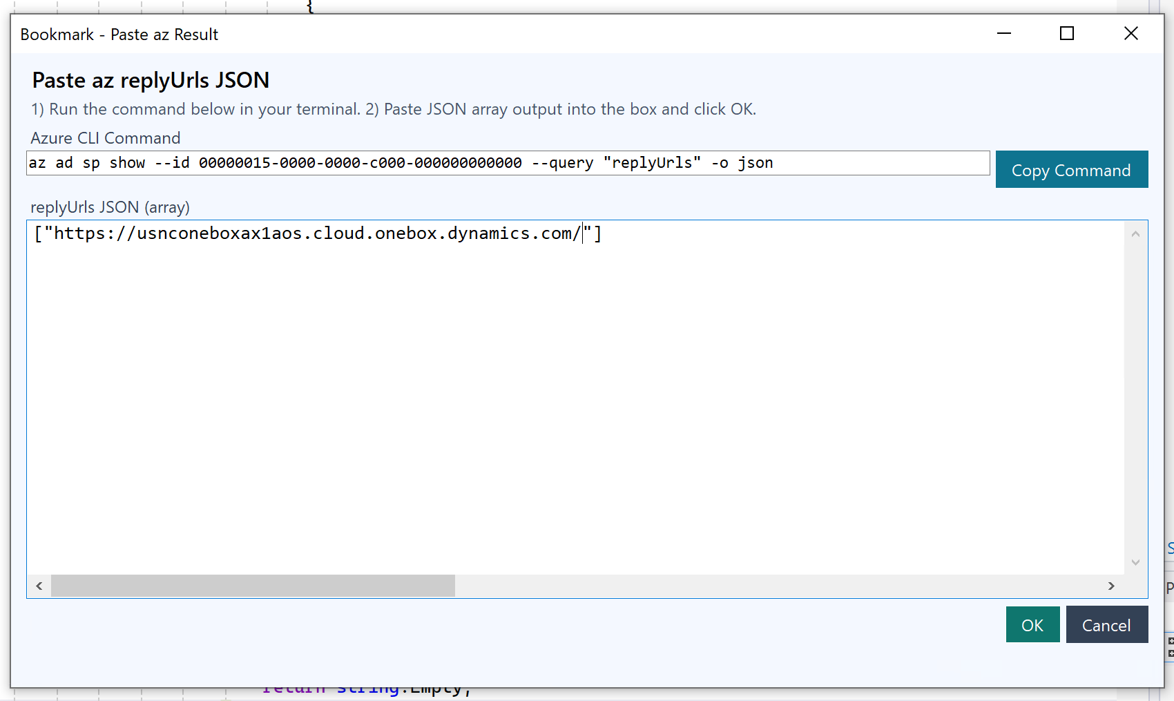 Host 输入弹窗，展示 Azure CLI 命令和 JSON 粘贴框